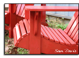 Closeup-Profile red Ozarondack Chair by Sam Davis.